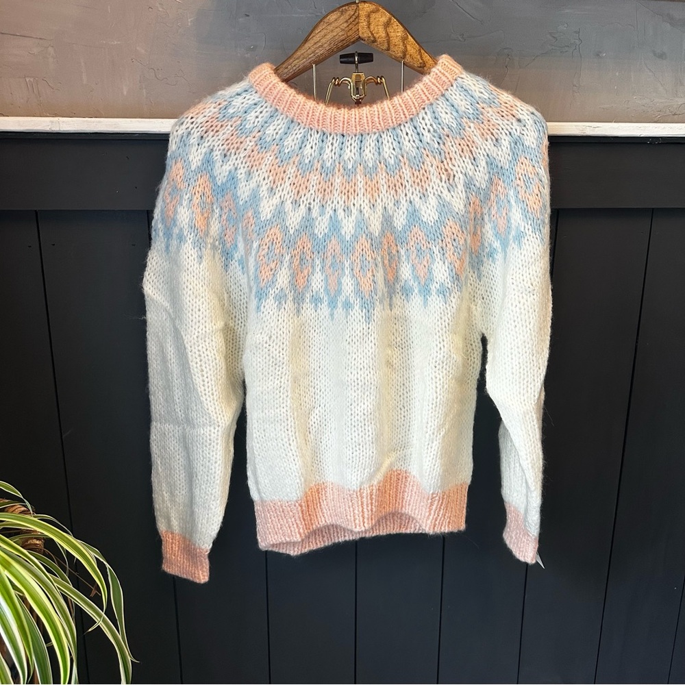 Vintage 80s Ivy Cream Pastel Pink Fair Isle Knit Crewneck Sweater M